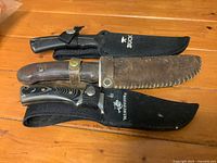 Two hunting knives sheathed in black nylon sheaths labeled Buck and Winchester, with a third knife sheathed in brown leather sheath showing front view.