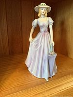 Porcelain lady figurine in purple dress and white hat with umbrella, photographed on wooden shelf.