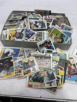 Wide view of box full of assorted vintage baseball cards