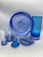 Full set showing all items including vase, tray, tumblers, relish dish, and small glass piece