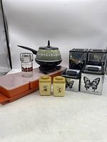 Full set showing all items including canisters, burner, shakers, cheese jar, and trays