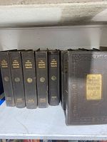 Side view of 7 leather bound National Geographic Magazine volumes with gold embossed spines arranged on a shelf