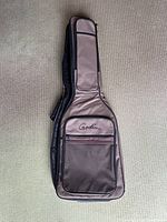 Front side of the brown Godin guitar case showing the large front zippered mesh pocket with visible tear and smaller pocket above it, on carpeted floor.