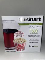 Photo of the Cuisinart EasyPop Series hot air popcorn maker box showing front panel with features and popcorn image.