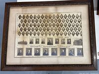 Full view of the antique framed photo showing the class photo in a wooden ornate frame with slight discoloration.