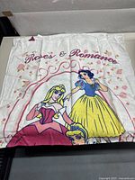 Front view showing Disney Princess bath towel featuring Aurora and Snow White with roses and 'Roses & Romance' text.