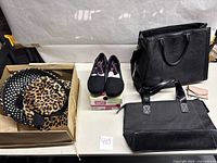 Photo showing two vintage hats, Skechers shoes on box, and two black handbags.