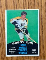 Front of the hockey card with Bobby Orr image and award text