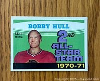 Front of Bobby Hull hockey trading card showing player image, position, and all-star designation.