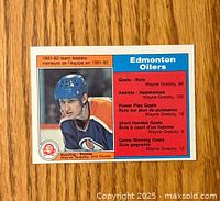 Front side of Wayne Gretzky 1982-83 O-Pee-Chee hockey card showing player photo, team info, and 1981-82 season leader statistics.