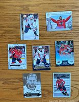 Front side of seven Alex Ovechkin hockey cards showing various designs and player images.