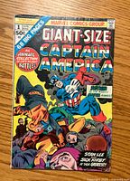 Front cover of the comic showing Captain America fighting several enemies with bold title text and price indication.