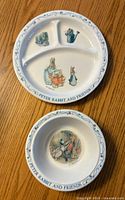 Top side of plastic divided plate and bowl with printed Peter Rabbit and Friends illustrations