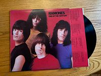 Front cover of 'End of the Century' vinyl vinyl record album by The Ramones, showing the band members.