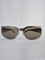 Front view of men's metallic frame Hugo Boss sunglasses with dark tinted lenses on plain background.