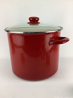 Photo of large red stock pot with glass lid showing side handle and knob