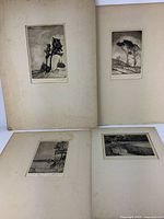 Four vintage mounted prints and etchings by Malte Sterner, arranged on surface showing wear on mounts and vintage condition.