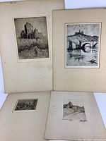 Four Malte Sterner etchings and prints displayed on backing boards showing wear and foxing.