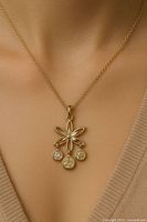 Pendant worn on a model to show scale and appearance