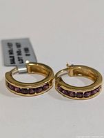 Close-up photo front view of two gold tone silver hoop earrings set with red garnet stones, showing the front gemstone row.