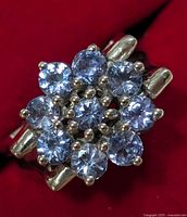 Close-up of the ring showing tanzanite side with violet-blue round stones in flower cluster arrangement.