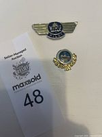 Two vintage airline pilot pins displayed on a white surface; one pin is a winged TCA Pilot badge and the other a round Devlet Turkey enamel pin with gold laurel detail.