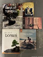 Lot of 5 assorted books shown on flat surface including Dogs of Toronto, I Could Chew on This, The Art of Bonsai, You Are Here, and a poetry book.