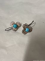 Front view of pair of turquoise stone earrings showing round turquoise blue stones and silver floral metalwork.