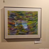 Full view of framed abstract watercolor painting with vibrant yellow, green, blue, and purple colors and number 237 card below it.
