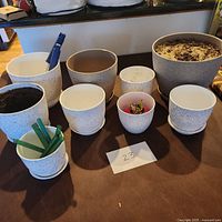 Nine decorative plastic plant pots of different sizes, mostly white-speckled with one brown solid pot, some containing soil or plants arranged on a table.