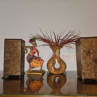 Front view showing decorative figure, vase with foliage, and two lamps on a table.