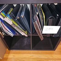 Photo showing a mix of binders, plastic sleeves, and report covers stored upright in black cubby shelving.