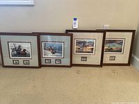 Four framed prints of birds with mounted postage stamps, arranged side by side on floor.