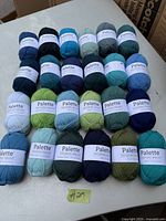 24 skeins of Palette Fingering Weight yarn in blues and greens, arranged in rows