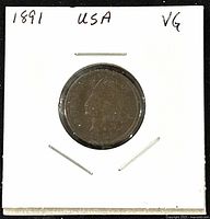 Front side of the 1891 US Indian Head 1 Cent coin in a white holder labeled '1891 USA VG'