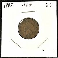 Obverse side of the 1897 US Indian Head one cent coin showing the Indian Head design and date.