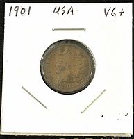 Front side of the 1901 US Indian Head one cent bronze coin showing the obverse with Lady Liberty in Native American headdress and date 1901.
