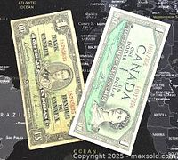 Two Canadian one dollar banknotes: 1937 (black and cream) with King George VI portrait and 1954 green note with Queen Elizabeth II portrait on a map background.
