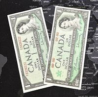 Photo showing both 1954 and 1967 Canadian 1 dollar banknotes, displaying front sides with Queen Elizabeth II portrait, serial numbers, and 'Bank of Canada' text.