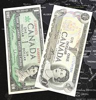 Two Canadian one dollar banknotes placed side by side, showing front faces with Queen Elizabeth II portrait and bilingual text.