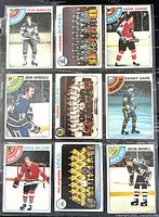 Front view showing nine individual and team hockey cards from the 1978-79 O-Pee-Chee NHL set.