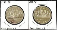 Front (reverse) side of two Canadian 1 dollar proof coins from 1981 and 1982 showing canoe design and date.