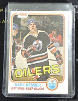 Front of 1981-82 O-Pee-Chee Mark Messier Edmonton Oilers hockey trading card showing player in black uniform with Oilers logo and card branding.