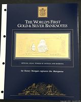 Folder/display cover featuring the gold and silver foil banknote with title and themes displayed on a dark background.