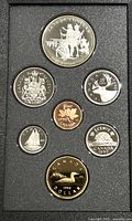 Photo showing the 7 Canadian coins in protective foam display including silver proof dollar with moose, half dollar, quarter, dime, nickel, penny, and special 1990 silver dollar coin with loon design.