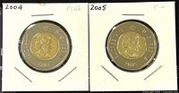 Front obverse view of 2004 and 2005 Canadian Twoonie coins showing Queen Elizabeth II portraits and year markings in PL66 condition.