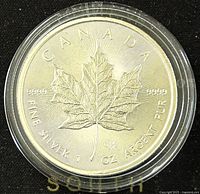 Obverse side of 2016 Canadian Silver Maple Leaf coin showing maple leaf design with silver purity and weight markings.