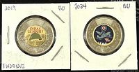 Front side of the 2019 and 2024 twoonie coins showing the colorized commemorative designs: D-Day and military aviation designs respectively.