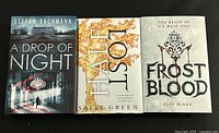 Front covers of three hardcover novels: A Drop of Night by Stefan Bachmann, Half Lost by Sally Green, Frost Blood by Elly Blake.