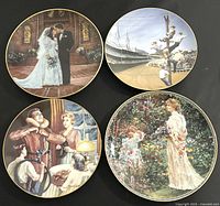 Four collectible decorative plates showing detailed scenes including wedding couple, horse race, medieval theme, and garden scene.